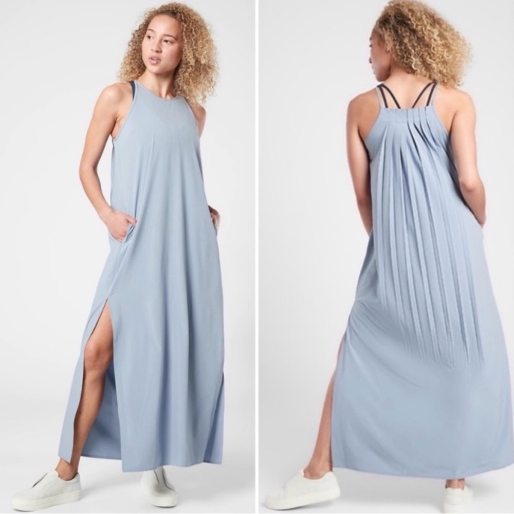 Athleta NWT Light Blue Hayes Pleated Maxi Dress with Side Slits